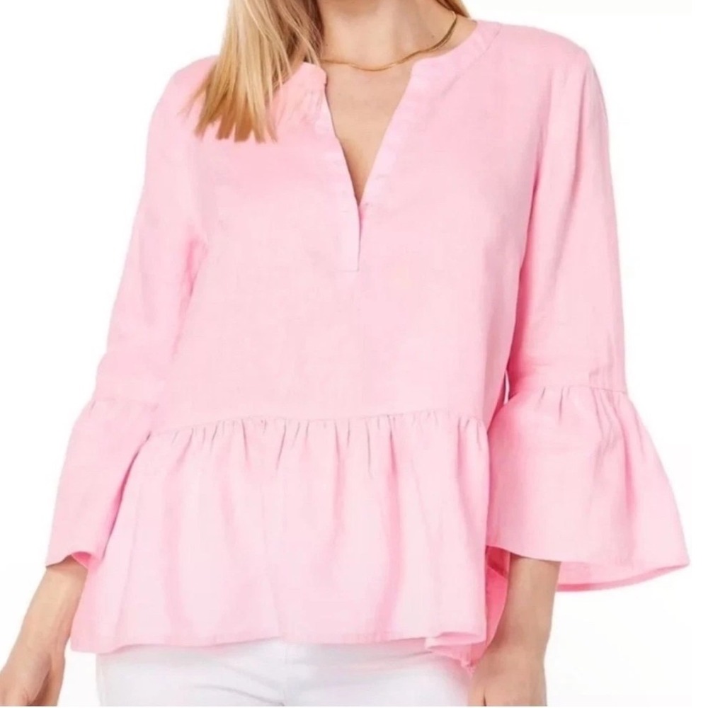 Lilly Pulitzer |‎ Woman's Pink 100% Linen Bell Sleeve Peplum Blouse Top, Size S